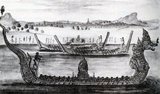 The French embassy was established in the Siamese capital Ayutthaya in 1685.<br/><br/>

 

In this drawing, a royal barge is illustrated in the foreground while King Somdet Phra Narai the Great (Somdet Phra Ramathibodi III) looks on from the shore.<br/><br/>



The Siamese, or Thais, moved from their ancestral home in southern China into mainland Southeast Asia around the 10th century CE. Prior to this, Indianized kingdoms such as the Mon, Khmer and Malay kingdoms ruled the region. The Thais established their own states starting with Sukhothai, Chiang Saen, Chiang Mai and Lanna Kingdom, before the founding of the Ayutthaya kingdom. These states fought each other and were under constant threat from the Khmers, Burma and Vietnam.<br/><br/>

 

Much later, the European colonial powers threatened in the 19th and early 20th centuries, but Thailand survived as the only Southeast Asian state to avoid colonial rule. After the end of the absolute monarchy in 1932, Thailand endured 60 years of almost permanent military rule before the establishment of a democratic elected-government system.