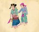 Burma / Myanmar: A Tai Lu couple in ethnic dress. The Shan text identifies them as Tai Lu, as does the the Burmese. The man wears a pink turban; the woman holds a cheroot and carries a basket.