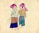Burma / Myanmar: A Hkun couple in ethnic dress. The Shan text identifies them as Tai Hkun and the Burmese as Kaung Shan . Both man and woman wear pink turbans, and the woman holds a cheroot.