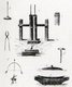 (a) oven and bellows (b) bellows piston (c) large anvil (d) small anvil (e) tongs (f) hammer (g) water trough (h) ritual talisman